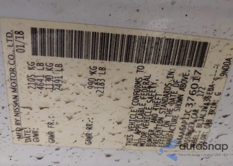 2018 Nissan Maxima 3.5 Sv из США, поврежденный, VIN 1N4AA6AP1JC376017